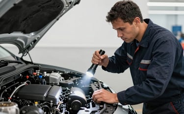 A professional mechanic in a clean América do Sul / Brasileiro workshop wearing a dark navy uniform, focused on inspecting a car engine with a high-tech flashlight. The lighting is bright and industrial, reflecting a modern and functional workspace with pearl white walls.