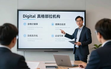 A professional North American business setting where a technical consultant is presenting a digital transformation strategy on a large screen in a bright, modern conference room.
