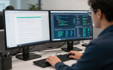 A professional cybersecurity analyst working in a modern North American office, focused on high-resolution monitors displaying encrypted data and secure server status in off-white and steel blue tones.