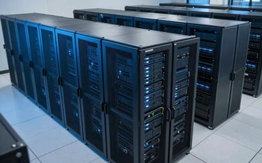 A high-angle photograph of a clean, modern North American corporate data center with steel blue server racks and soft blue ambient lighting. The scene is efficient and highly functional.