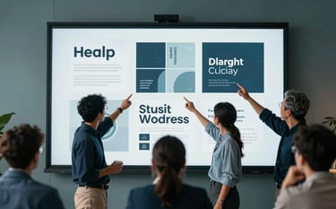 A collaborative business setting where a diverse team is reviewing branding concepts on a large screen. The scene is illuminated with muted slate teal and deep charcoal blue tones, reflecting a modern and creative agency environment.