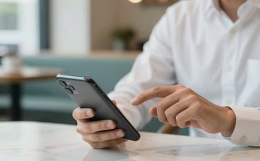Close-up of a professional person interacting with a mobile device in a bright, modern cafe. The lighting is crisp, highlighting elegant mist white and muted slate teal colors in the surroundings. Professional and connected vibe.