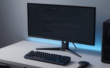 A minimalist, high-end gaming setup in a North American / US home office. A clean desk with a single ultra-wide monitor, a custom mechanical keyboard, and soft slate blue ambient lighting. The atmosphere is premium and professional, with rich charcoal and deep black tones.
