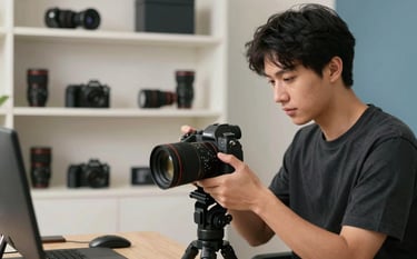 A content creator in a modern North American / US workspace, focusing on a high-end camera setup used for filming gaming gear. The background features a clean, organized shelving unit. Soft off-white and slate blue lighting.