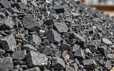 Detailed close-up photography of high-quality crushed stone (brita) at a construction site in Brazil. Sharp textures and industrial aesthetic. Hard natural lighting highlighting the strength of the material. Colors include dark grey and charcoal.