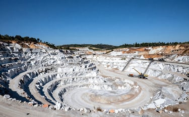 A wide-angle professional photograph of an open-pit limestone mine in Rurópolis, Brazil. Massive white limestone deposits under a bright blue sky, with heavy machinery visible in the distance. Clean, industrial, and serious atmosphere. Colors include white, charcoal grey, and forest green.