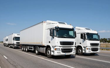 A fleet of clean, modern logistics trucks driving on a wide North American highway under a clear blue sky, professional transportation photography, emphasizing movement and reliability.