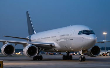 Professional photography of a large cargo airplane at a modern international airport hub during twilight. The scene is dominated by dark blue and slate gray tones, with ground lights casting a soft glow on the fuselage. Global international setting.