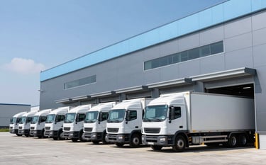A clean, modern distribution center with a row of logistics trucks docked at bay doors. Sleek contemporary architecture in light blue and slate gray. Global international setting.