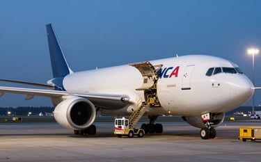 A modern cargo aircraft being loaded at an international airport at twilight, bright ground lights illuminating the scene, professional North American logistics setting, crisp and sharp focus.