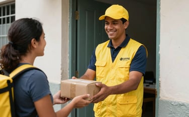 A friendly delivery person wearing a Golden Yellow uniform vest, handing a pharmacy package to a customer at a doorway in a South American / Brazilian urban neighborhood.