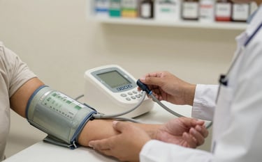 Close-up of a health professional in a South American / Brazilian pharmacy checking a patient's blood pressure, focusing on the equipment and the supportive posture, Soft Cream background colors.