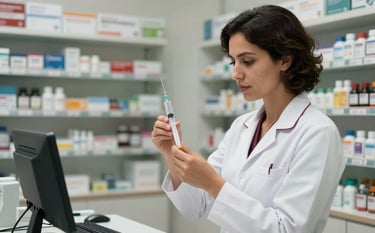A professional pharmacist in a clean, modern South American / Brazilian pharmacy setting, wearing a white coat with subtle Deep Red trim, carefully preparing a syringe in a well-lit clinical room.