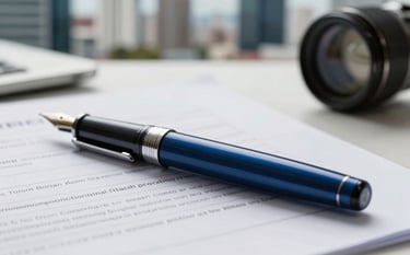 Close-up of a high-quality fountain pen and a sophisticated financial report on a clean desk. In the background, a blurred modern office in a South American / Brazilian city suggests a busy professional environment. The lighting highlights textures and deep blue tones, evoking trust and meticulous attention to detail.