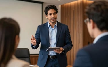 A professional medium shot of a South American / Brazilian consultant in a sharp navy suit presenting a proposal to a client. They are in a high-end office with wooden accents. The lighting is warm yet professional, creating an atmosphere of trust and high-level financial guidance. Elements of navy blue and sky blue are visible.