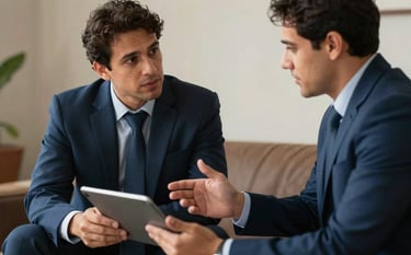 Two business professionals in a South American / Brazilian setting engaging in a supportive mentoring session. The scene is lit with warm, professional lighting, conveying trustworthiness and empowerment. One individual is gesturing toward a tablet, showing a path forward. The palette uses dark blue and medium blue accents.