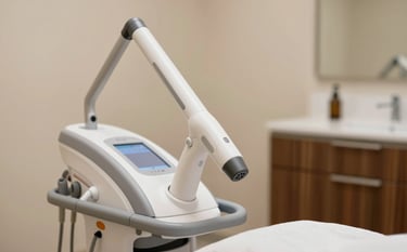 Sophisticated medical laser equipment in a luxury aesthetic clinic. Soft focus on the technology, with a background of warm sand colors #F9F4ED and professional wood accents #4A433D. Modern and trustworthy vibe.