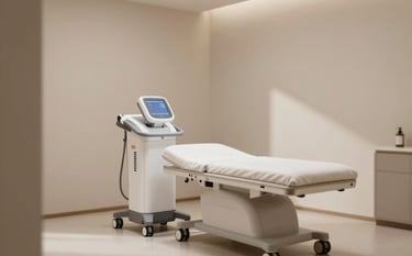 A high-end body contouring aesthetic device in a minimalist clinic room. Soft natural light, shadows reflecting on beige walls #DDCDBB. The atmosphere is professional, hygienic, and serene with touches of taupe #9E8C78.