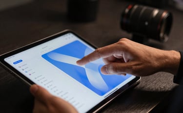 A close-up photograph of a professional's hand interacting with a sleek tablet in a modern North American / US studio. The tablet screen shows a clean interface with vibrant blue accents. The lighting is focused and results-oriented, emphasizing a sophisticated technological approach.