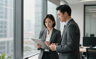 Photography of two professionals collaborating in a contemporary North American / US corporate environment. They are standing near a large window with soft sunlight. One wears a charcoal grey blazer. The setting is results-driven and sophisticated with clean black and white accents.