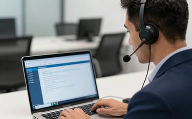 A professional interpreter working in a sophisticated Sul-Americano / Brasileiro corporate environment, wearing a sleek headset. A laptop screen in front shows translation software with a clean blue interface. The mood is focused and reliable, with a white and dark blue color palette.