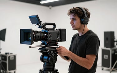 A professional filmmaker in a modern Sul-Americano / Brasileiro studio setting, operating a high-end cinema camera on a gimbal. The lighting is cinematic with soft white and blue highlights. The background is a clean, minimalist production space with black equipment and white walls.