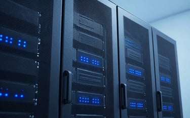 A clean, professional photograph of a modern server room with glowing blue LED indicators, emphasizing a deep steel blue and pale sky blue color palette. The lighting is crisp and forward-thinking.