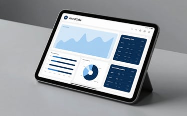 A high-tech digital workspace featuring minimalist aesthetics. A tablet displays a clean dashboard with data charts in pale sky blue and dark navy.