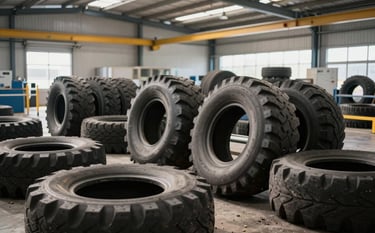 Clean photography of an eco-friendly tire recycling facility in the US. Used tires are being processed for sustainable reuse. Daylight floods the professional workspace, highlighting the commitment to environmental responsibility and waste reduction.