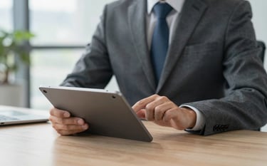 A focused shot of a professional in business attire in a North American office environment, using a modern tablet to securely process a transaction. The setting is clean and corporate, emphasizing trust and efficient booking processes.