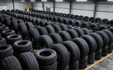 A high-angle professional photograph of a vast, clean tire warehouse in the North American region. Thousands of new black tires are stacked neatly in rows, illuminated by bright, cool industrial lighting, showcasing business efficiency and reliable supply. No people.