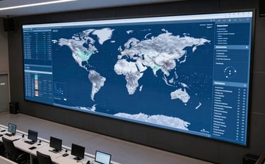 A high-angle professional photograph of a modern logistical command center. Large digital wall screens display global shipping maps in medium blue and silver gray tones. The atmosphere is clean, innovative, and professional, with a focus on streamlined data-driven operations.