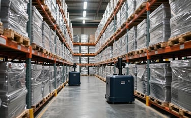 A perspective-driven photograph of a pristine, high-tech warehouse interior. High shelves store organized silver gray pallets under bright, even lighting. Dark navy blue automated floor equipment moves between aisles.