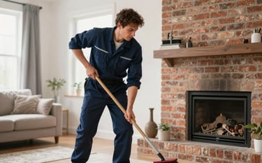 Professional photography of a chimney sweep in a dark blue uniform using a traditional cleaning brush inside a clean, modern North American living room with a brick fireplace. Bright, natural lighting and a focus on safety.