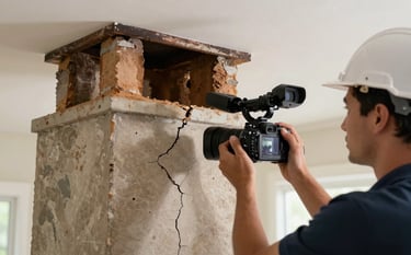 Detailed photography of a specialist performing a Level 2 safety inspection in a North American home, using a high-definition video camera to inspect the chimney interior for cracks and structural integrity.