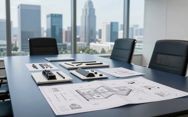 A high-end professional boardroom in an International Corporate Business setting with a view of a modern skyline. On a polished dark blue table, several product prototypes and architectural blueprints are laid out for inspection. The lighting is clean and bright, emphasizing a mood of reliability and precision.