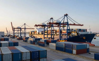 A sprawling, modern shipping port in an International Corporate Business hub during the golden hour. Rows of blue and grey cargo containers are neatly stacked, with a massive vessel being loaded efficiently by industrial cranes against a clear sky. The scene conveys global reach and logistics strength.