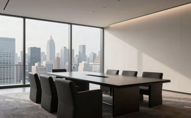 A wide-angle, luxury-style photograph of a minimalist boardroom. Large windows reveal a city skyline in soft lighting. The interior features soft off-white walls, dark charcoal seating, and a polished dark table.