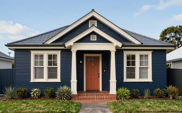 An exterior view of a beautiful Auckland weatherboard house painted in a sophisticated dark navy (#0e1c2f) with crisp cream (#faf7f2) trim and a terracotta (#c4622d) front door. The scene is bright and professional, showcasing a perfect paint finish under clear skies. Sophisticated residential curb appeal with lush green landscaping.