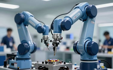 Close-up of a high-precision industrial robotic arm being serviced by a technician in a clean, modern factory. The lighting is bright and technical, with the brand's palette of deep blues (#1E3A4D) and steel blues (#4B6B87) reflected in the metallic surfaces and tool handles. Professional and trustworthy atmosphere.