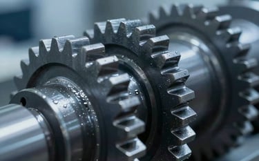 A close-up of heavy industrial gears perfectly lubricated and gleaming under professional studio-style industrial lighting. Dominant tones of #1E3A4D and #4B6B87. The image communicates reliability, durability, and high-end technical maintenance.