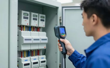 A technical professional inspecting an industrial electrical panel with a thermal imaging camera. Clean industrial environment, using the brand colors #4B6B87 and #AEC3D5 in the equipment and shadows. Sharp focus on precision and technical expertise.