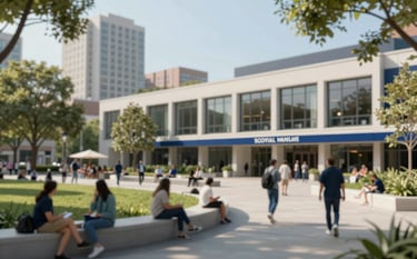 An elegant urban park setting adjacent to a community center with clean lines and sophisticated architecture. The scene highlights social impact and community engagement, featuring brand colors #0D202B and #70A2B6 in a serene, progressive environment.