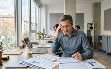 Empresario revisando resultados operativos con preocupación