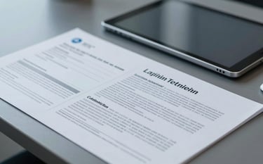 Close-up of a professional desk in a Latin American corporate office with high-end technical reports and a minimalist digital tablet, oxford gray and surgical blue lighting, authoritative and sharp focus photography.