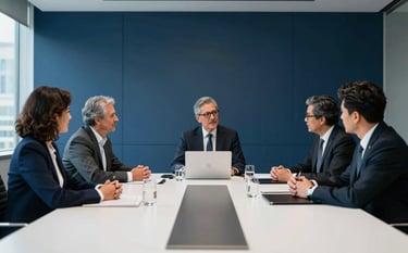 High-level strategic meeting in a minimalist boardroom in a Latin American business district, sharp lighting, midnight blue and snow white color palette, professional and authoritative atmosphere.