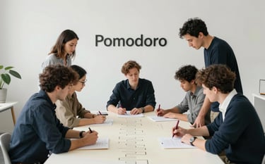 A behind-the-scenes shot of the Pomodoro agency team in a minimalist studio. They are gathered around a large table with Crisp Parchment (#F5F0E1) paper, planning a content strategy with deep crimson markers. Professional lighting, creative and focused atmosphere with Scandinavian furniture.