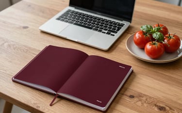 A professional top-down shot of a Scandinavian-style wooden table. On the table sits a sleek laptop, a planner with a deep crimson cover (#9B2226), and a rustic ceramic plate with fresh, ripe tomatoes and basil. The lighting is soft and natural, emphasizing a professional yet cozy agency environment. Palette features #1A2C22 and #F5F0E1.