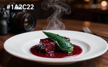 A close-up, high-contrast shot of a beautifully plated artisanal dish in a cozy, dimly lit restaurant setting. A professional camera is partially visible in the frame, capturing the steam and texture of the food. The colors lean into the Deep Ripe Crimson (#9B2226) of the sauce and the Matte Forest Green (#1A2C22) of the garnish.