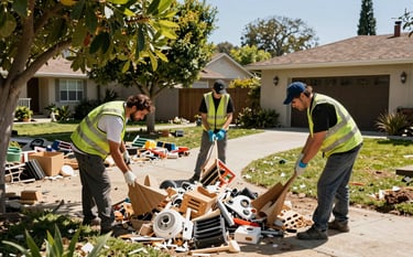 Clean-up site in San Jose, California, with organized debris being cleared by professionals. The scene shows efficiency and cleanliness in a bright residential backyard.